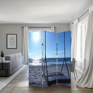 Wooden 3 Panel Room Divider with Seaside Screen Pattern, Blue and Gray