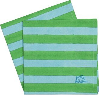 Kate Austin Designs Set Of Eight Organic Cotton Cloth Napkins In Blue And Green Cabana Stripe Block Print