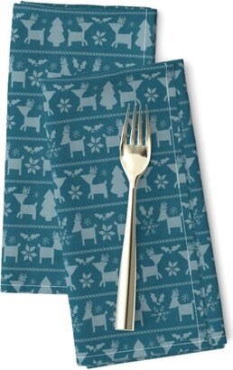 Fairisle Dinner Napkins | Set Of 2 - Winter Blue Reindeer By Cateandrainn Holiday Christmas Simple Dark Cloth Spoonflower