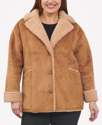 Women's Plus Size Faux Shearling Button-Front Coat - Cappucino/Camel