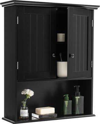 Tangkula Wall Mounted Bathroom Cabinet Double Door Medicine Cabinet Kitchen Cupboard w/ Open Compartment & Adjustable Shelf Black