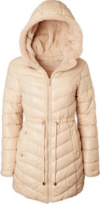 Sportoli Womens Winter Coat Reversible Faux Fur Lined Quilted Puffer Jacket - Beige - 2X