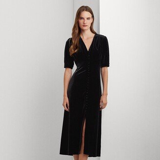 Ralph Lauren Stretch Velvet Puff-Sleeve Midi Dress