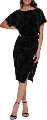 Women's Studded-Velvet Boat-Neck Belted Dress