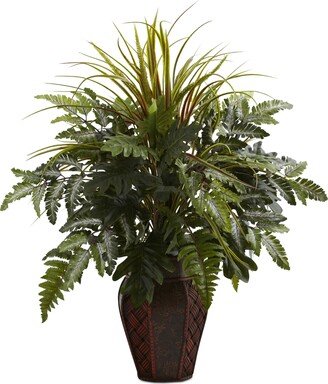 Mixed Grass & Fern Artificial Arrangement in Decorative Planter