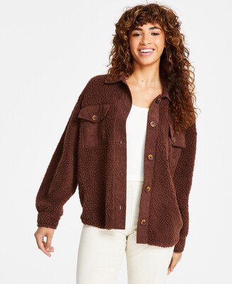 Juniors' Corduroy-Trim Sherpa Button-Up Shacket