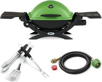 Q 1200 Gas Grill (Green) With Adapter Hose And 3-Piece Grill Set