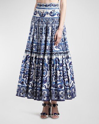 Tile-Print Tiered Poplin Maxi Skirt