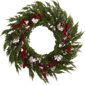 28in. Frosted Cypress with Berries and Pine Cones Artificial Wreath