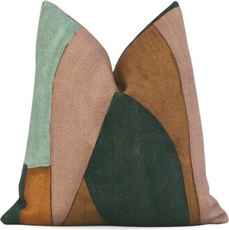 Dark Green, Burnt Orange, Brown Color Block Decorative Designer Pillow Cover With Zipper, Linen Cushion, Kelly Wearstler District Tobacco