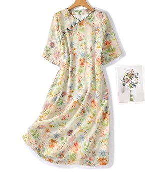 Apricot & Green Floral Half-Sleeve Surplice Dress - Women