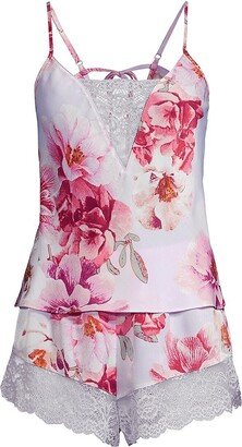 2-Piece Phoebe Floral Satin Lace-Trim Cami Short Set