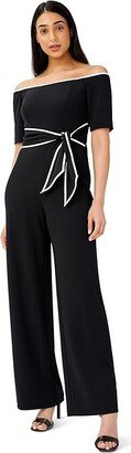 Off-the-Shoulder Knit Crepe Tie Waist Jumpsuit (Black) Women's Jumpsuit & Rompers One Piece