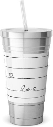 Travel Mugs: Love Note - Stripes - Black And White Stainless Tumbler With Straw, 18Oz, White