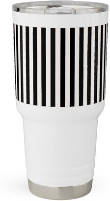 Travel Mugs: Basic Stripe - Black And Cream Travel Tumbler, 30Oz, Black