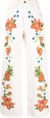 Floral-Embroidered Wide-Leg Jeans-AB