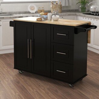 EDWINRAY Kitchen Island Kitchen Cart with Extensible Solid Wood Countertops & Multifunctional Storage Cabinet for Dinning Room,Black