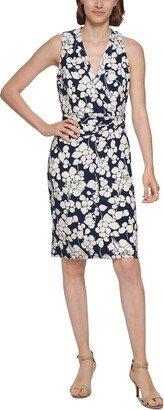 Petites Womens Floral Print Surplice Sheath Dress