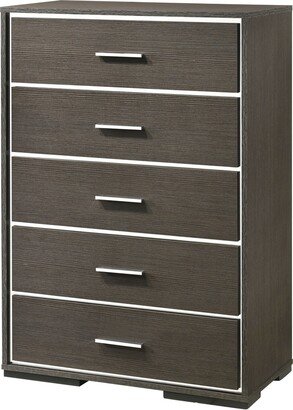 5 Drawer Wooden Chest with Mirror Trim Accents, Gray