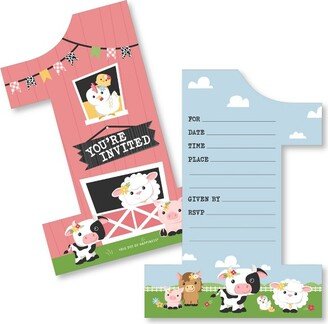 Big Dot of Happiness 1st Birthday Girl Farm Animals - Shaped Fill-In - Pink Barnyard First Birthday Party Invitation Cards with Envelopes - Set of 12