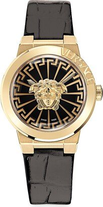 Medusa Goldtone Stainless Steel & Leather Strap Watch