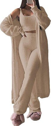 xHxttL Womens 3 Piece Lounge Set Sexy Fuzzy Fleece Outfits Sweatsuit Pajamas Open Front Cardigan Crop Top Wide Legs Pants