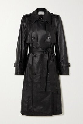 Paneled Double-breasted Leather Trench Coat - Black