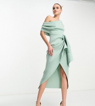 ASOS DESIGN Tall fallen shoulder manipulated tuck bodycon midi dress in frosty sage