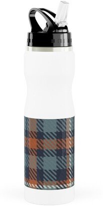 Photo Water Bottles: Plaid - Terracotta And Blue Stainless Steel Water Bottle With Straw, 25Oz, With Straw, Blue