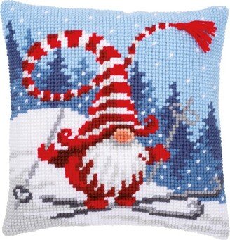 Vervaco Stamped Cross Stitch Cushion Kit 16X16-Christmas Gnome Skiing-AA