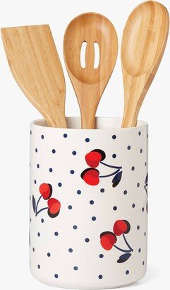 Vintage Cherry Dot Utensil Crock With Utensils