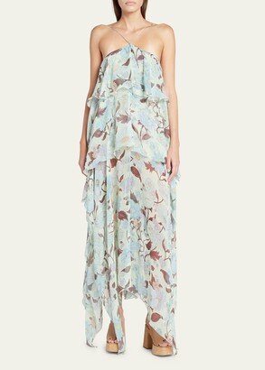 Garden Print Frill Asymmetric Dress