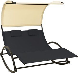 Double Sun Lounger with Canopy Textilene Black and Cream - 54.7 x 70.9 x 66.9