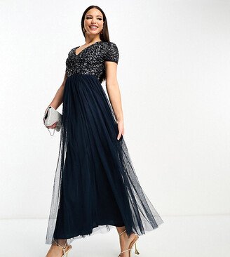 Maya Tall Bridesmaid short sleeve maxi tulle dress with tonal delicate sequin in navy