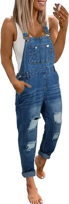 utcoco Women's Fashion Jean Bib Overalls Adjustable Straps Ripped Distressed Denim Denim Pants (Large