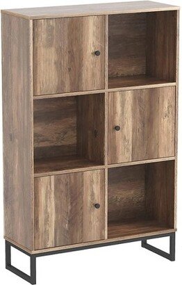 Year Color 3 Tier Free-Standing Modern Open Brown Wood Narrow Bookcase With Doors, Legs And 2X3 Cube Storage Organizer For Office or Library