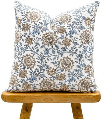 Designer Floral On Off White Linen Pillow Cover, Blue & Beige Pillow, Boho Decorative Throw Pillows, Neutral Decor