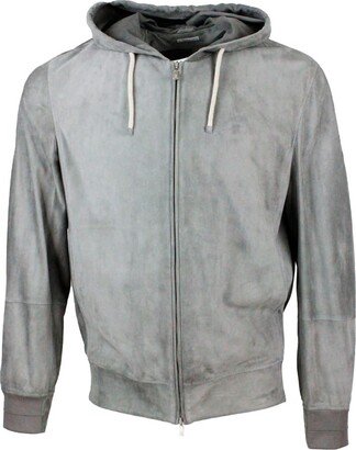 Sweatshirt-style Jacket In Very Soft Suede Leather With Hood And Zip Closure