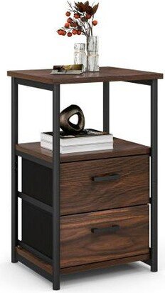 Slickblue 3-Tier Retro Nightstand with 2 Removable Fabric Drawers and Open Shelf-Walnut - Walnut, Black