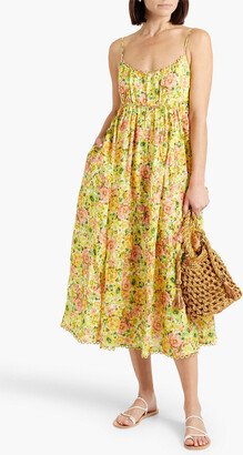 Shirred floral-print linen midi dress