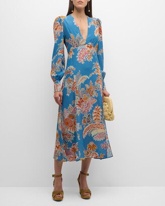 V-Neck Floral-Print Long-Sleeve Slit-Hem Cady Midi Dress