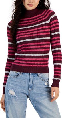 Juniors' Striped Mini-Cable Mock Neck Sweater