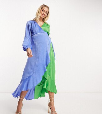 Flounce London Maternity balloon sleeve ruffle maxi dress in contrast blue and green