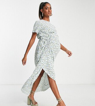 Missguided Maternity maxi dress with ruched side in light blue ditsy