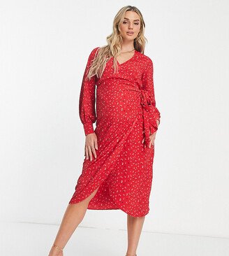 Glamorous Bloom Glamorous Maternity long sleeve fitted midi wrap dress in multi red print