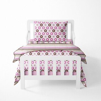 Mod Dots Stripes Pink Fuschia Beige Chocolate 4 pc Toddler Bedding Set