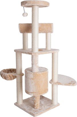 Spacious Thick Fur Real Wood Cat Tower With Basket Lounge, Ramp, Beige