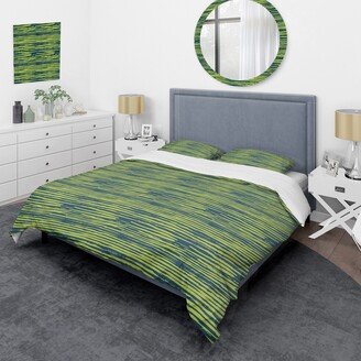 Designart 'Horizontal Green Lines Pattern On Blue' Modern Duvet Cover Set