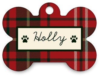 Pet Tags: Holiday Plaid Bone Pet Tag, Red