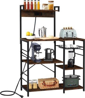 Kinbor Bakers Rack with Power Outlet, Industrial Microwave Oven Stand with 6 S-Hooks, Kitchen Storage Rack with Wire Basket